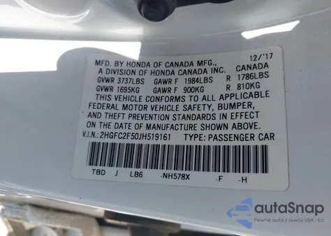 2018 Honda Civic Lx из США, поврежденный, VIN 2HGFC2F50JH519161